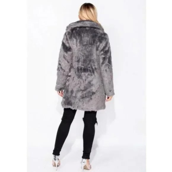 Gray Faux Fur Long Sleeve Collared Coat - Picture 6 of 16